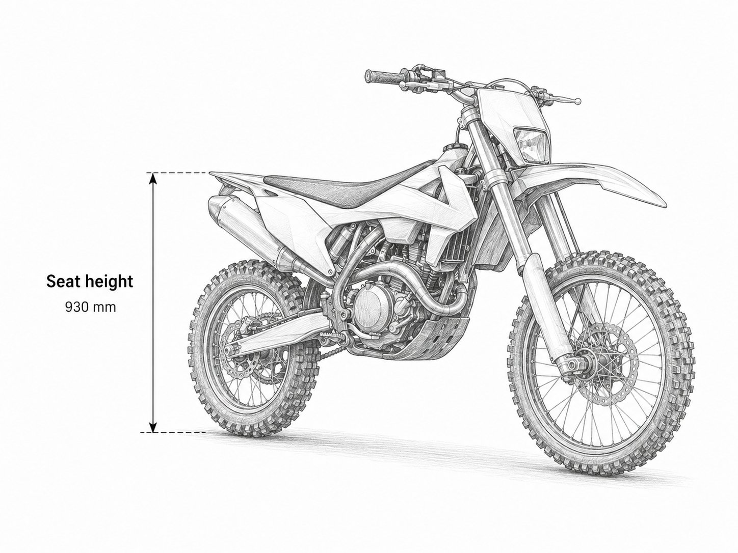 Illustration of enduro seat-height measurement; 930 mm is an example, not a model specification.