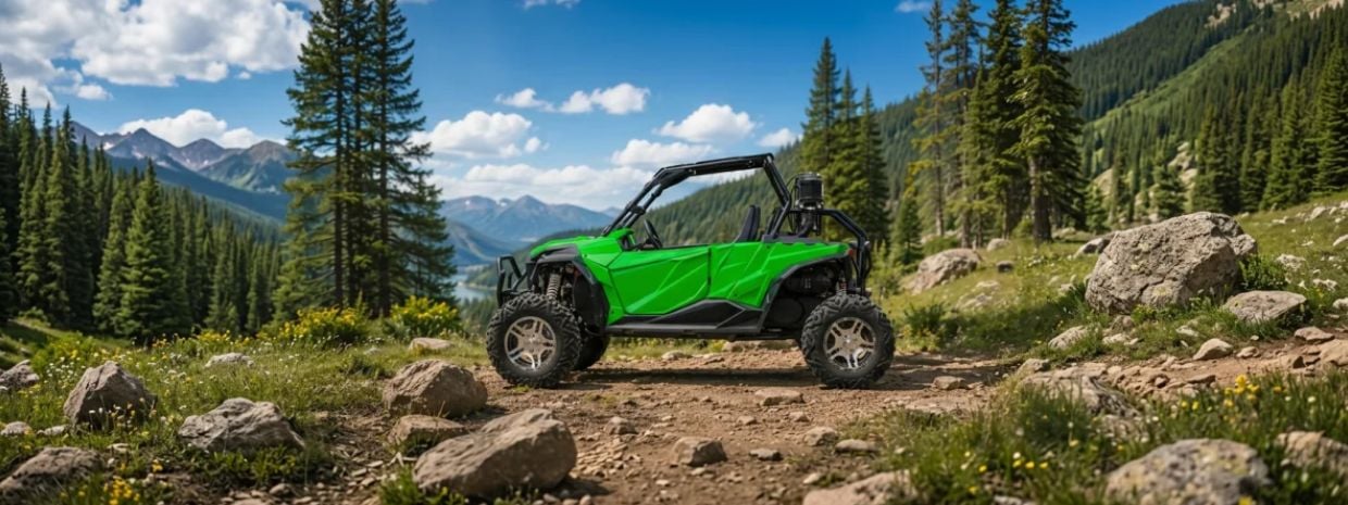Predator 900 2 Seater en paisaje montañoso con pinos grandes  
