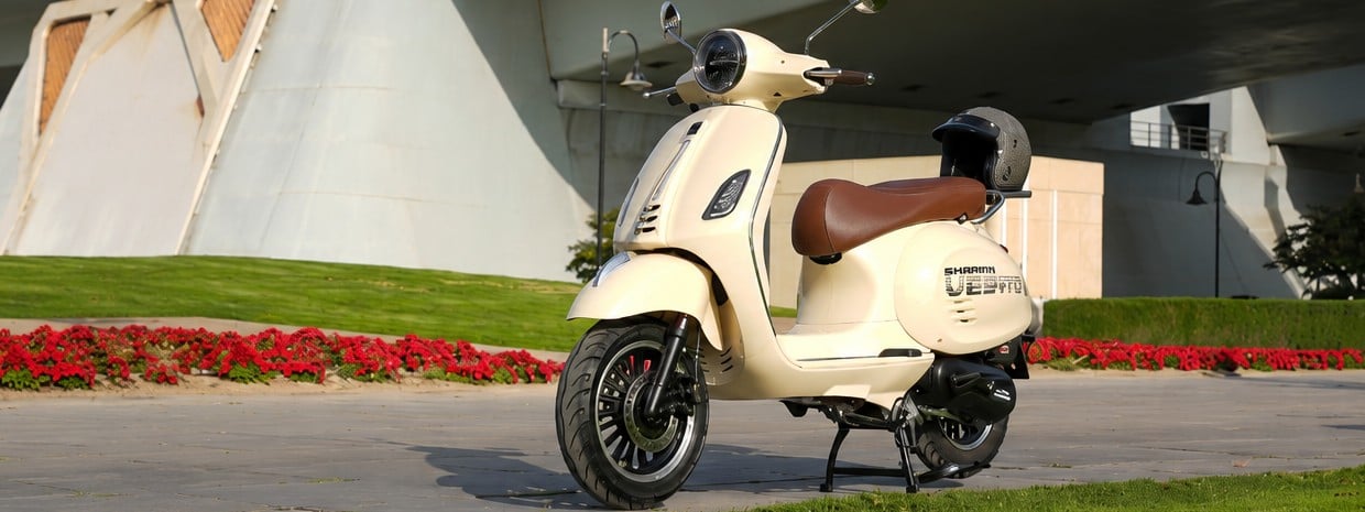 tipo de scooter, Vespito 150 en un parque con flores rojas