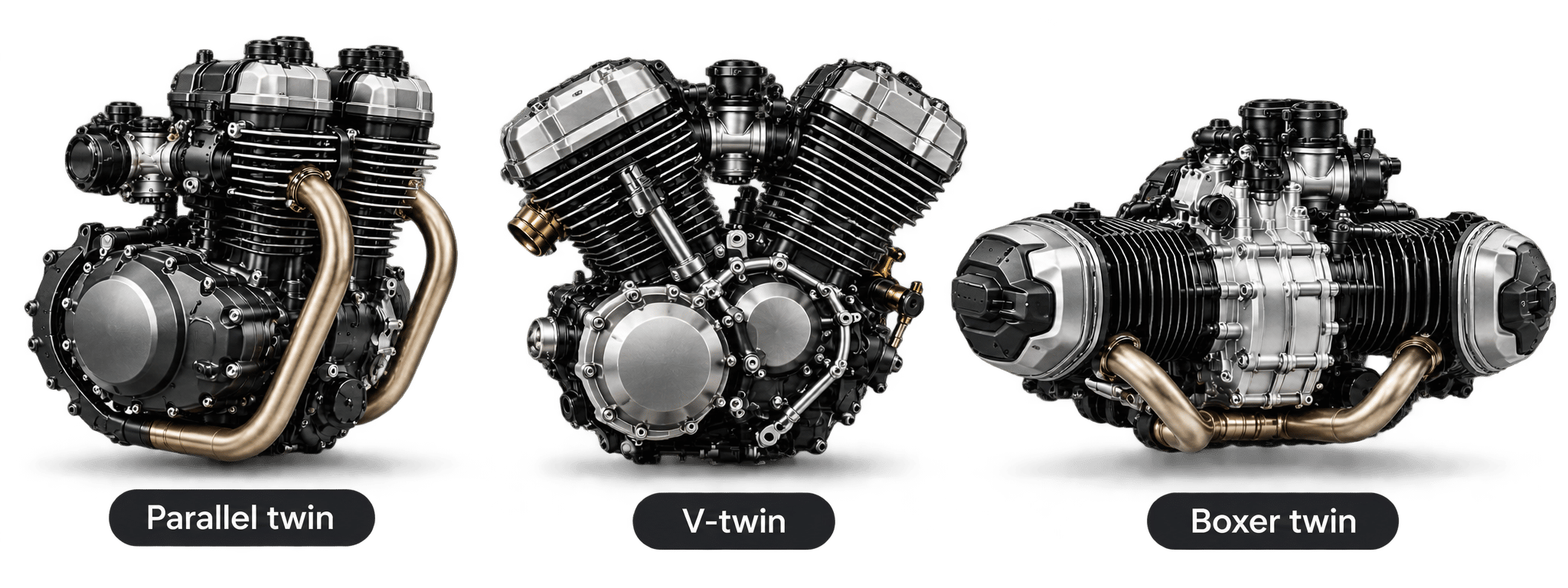 Three motorcycle twin-cylinder engine layouts shown side by side: parallel twin, V-twin, and horizontally opposed boxer twin.