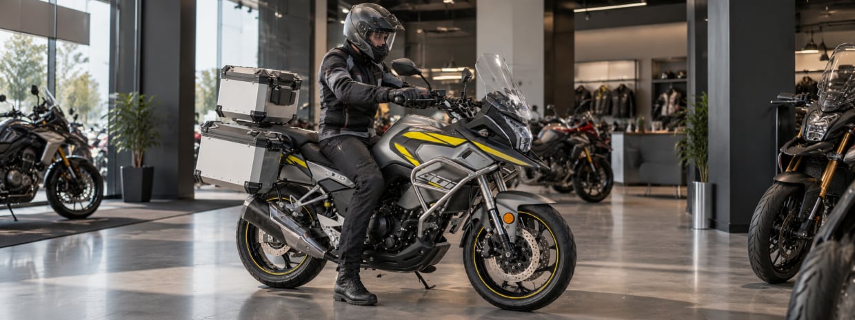 Comprobar la ergonomía de una motocicleta Motocicleta expuesta en un concesionario para comprobar su ergonomía