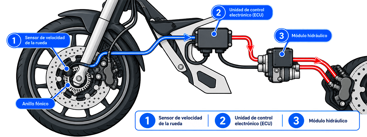 Sistema de frenado de una motocicleta Esquema del sistema de frenado delantero de una motocicleta
