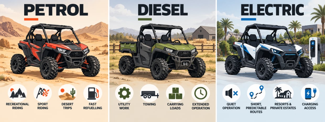 Diesel vs Petrol vs Electric UTVs: Engine Comparison Infographic comparing petrol, diesel, and electric UTVs, highlighting their main uses: recreational and desert riding, utility work and towing, and quiet operation on short routes with access to charging.