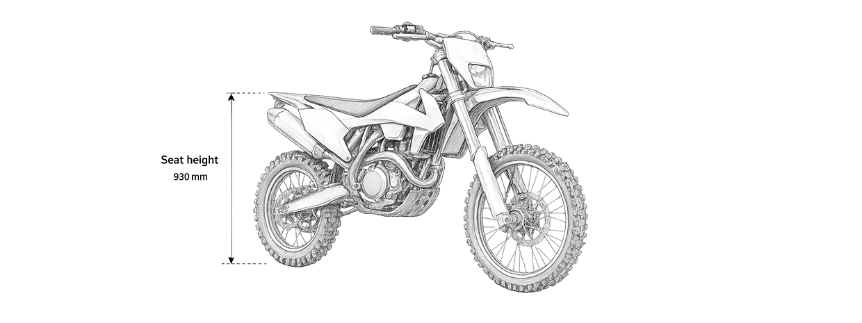 Enduro bike diagram showing seat height measurement of 930 mm