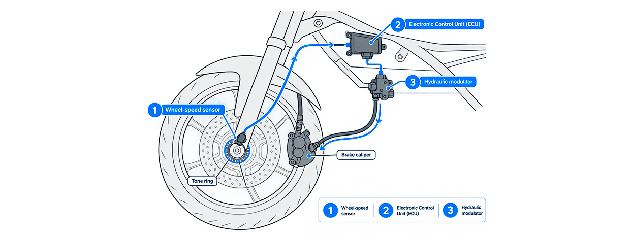 How motorcycle ABS works Diagram of a motorcycle ABS system showing the wheel-speed sensor, tone ring, ECU, and hydraulic modulator