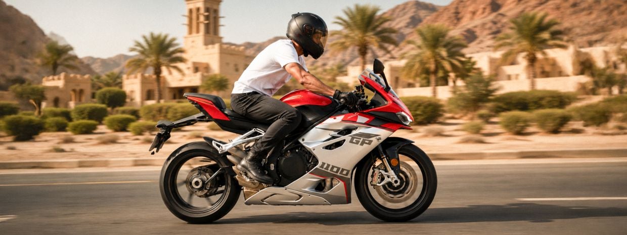 Rider on a red and white Sharmax sport motorcycle on a road