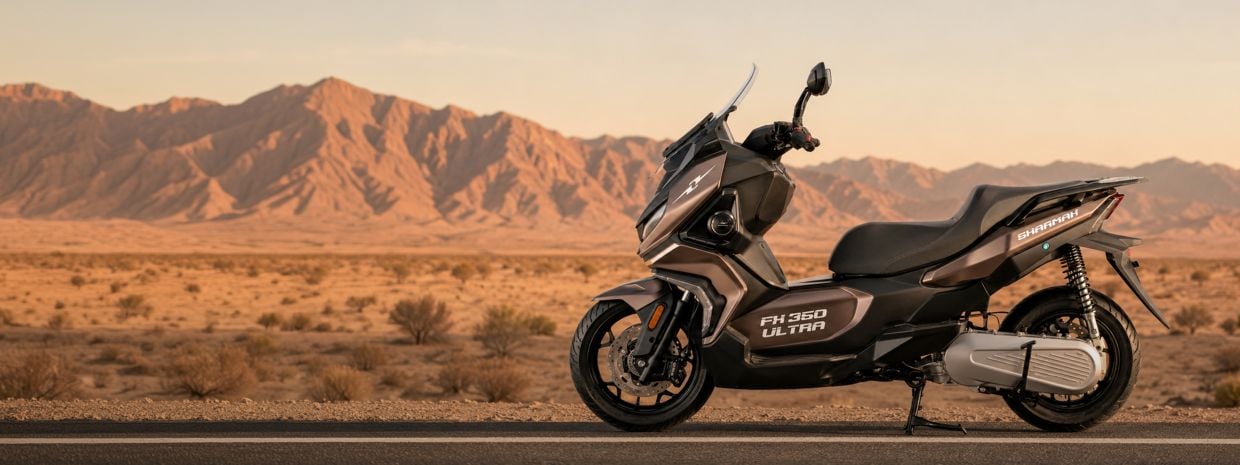 FX 350 Ultra: full-size maxi scooter for long routes Grey FX 350 Ultra maxi scooter parked on a desert road with mountains in the background